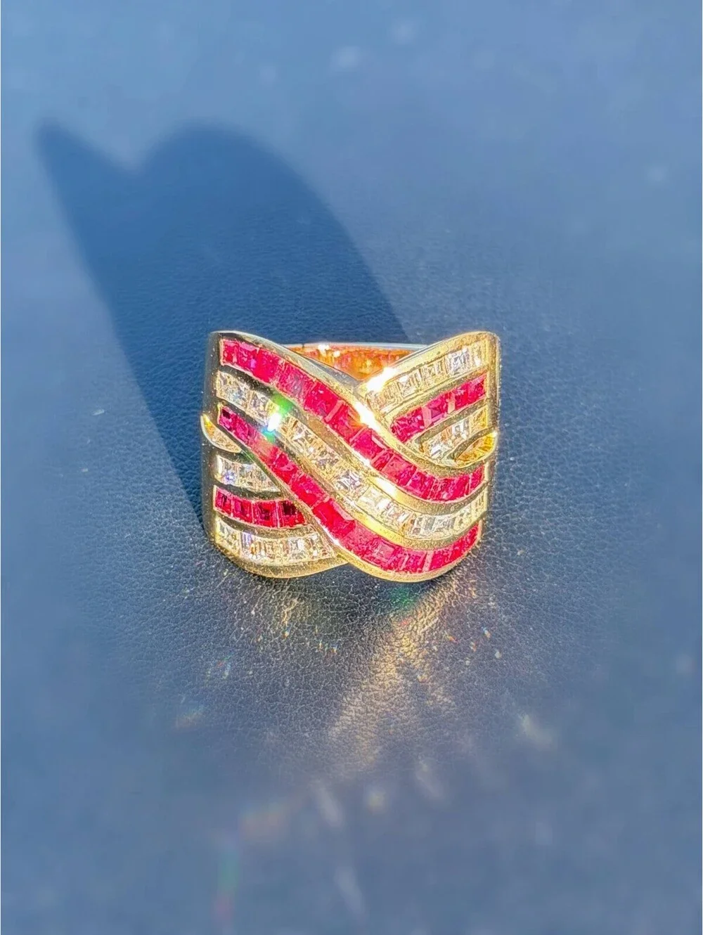 18k Yellow Gold Princess Cut Natural Diamond Ruby Crossover Cocktail Ring Sz 8